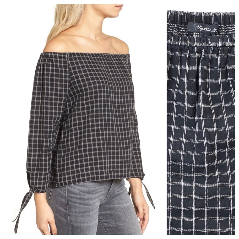 Madewell off-the-shoulder plaid black white swing top shirt blouse small
